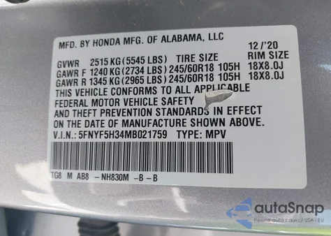 2021 Honda Pilot 2Wd Ex z USA, uszkodzony, nr VIN 5FNYF5H34MB021759